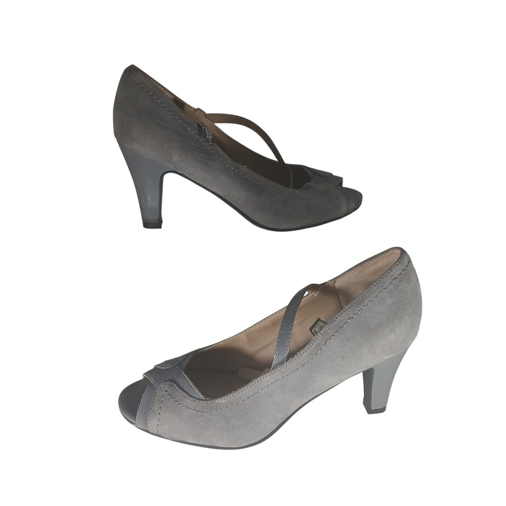 Dexflex Comfort Peep Toe Pumps 7.5 Grey Mary Jane Suede Heels Office‎ Career